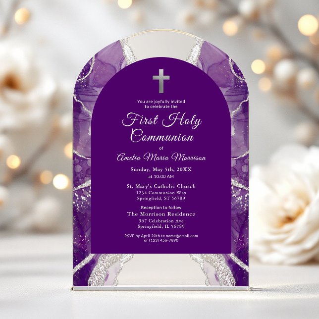 First Holy Communion Purple Silver Agate Elegant Acrylic Invitations (Creator Uploaded)