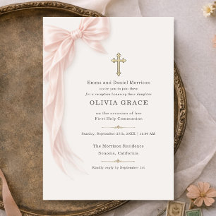 First Holy Communion Reception Pink Bow Girl  Invitation