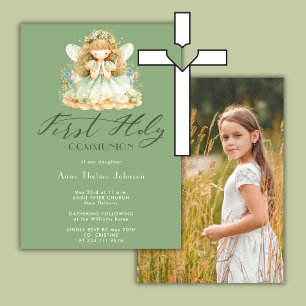 First Holy Communion Religious Catholic Girl Green Invitation