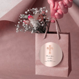 First Holy Communion Rose Drips Christian Cross In Classic Round Sticker