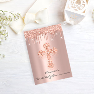 First Holy Communion Rose Drips Christian Cross Invitation