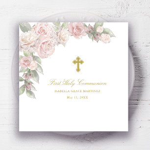 First Holy Communion Rose Floral Cocktail Napkin