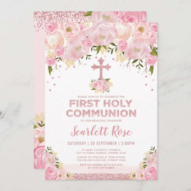 First Holy Communion Rose Gold Blush Pink Floral Invitation (Front/Back)