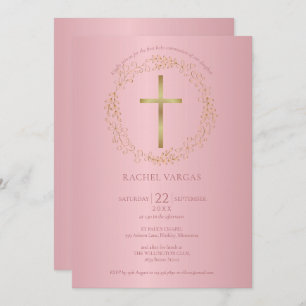 First Holy Communion Rose Gold Cross Floral Invitation