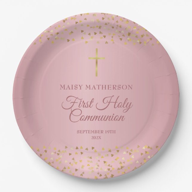 First Holy Communion Rose Gold Hearts Paper Plate (Front)