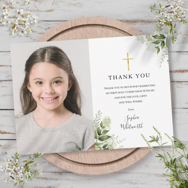First Holy Communion Rustic Greenery Photo Thank You Card (First Holy Communion Rustic Greenery Photo Thank You Card)
