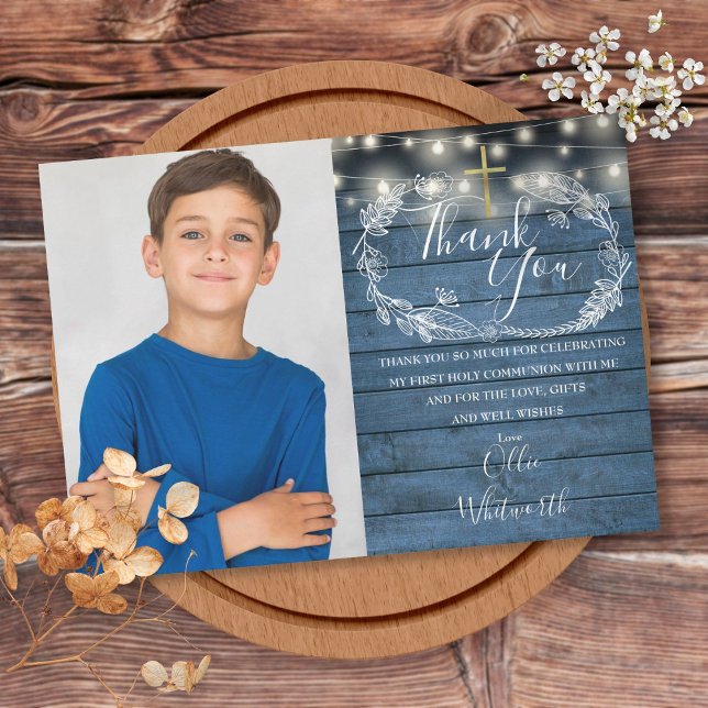 First Holy Communion Rustic String Lights Photo Thank You Card (Creator Uploaded)