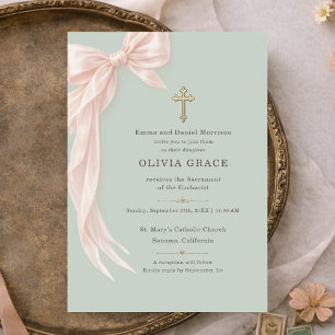 First Holy Communion Sage Green Bow Girl  Invitation