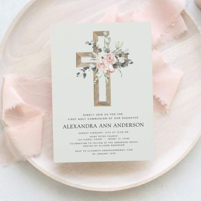 First Holy Communion Sage Green Dusty Pink Rose Invitation (Creator Uploaded)