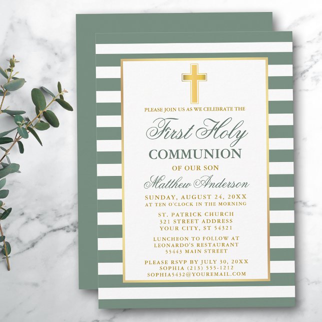 First Holy Communion Sage Green Striped Gold Invitation (Customize to change text size, color or text style.)
