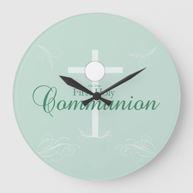 First Holy Communion, Script in Soft Green Large Clock (Front)
