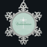 First Holy Communion, Script in Soft Green Snowflake Pewter Christmas Ornament<br><div class="desc">This soft green gift,  souvenir and giveaway is good to congratulate the young boy or girl on their First Holy Communion.</div>