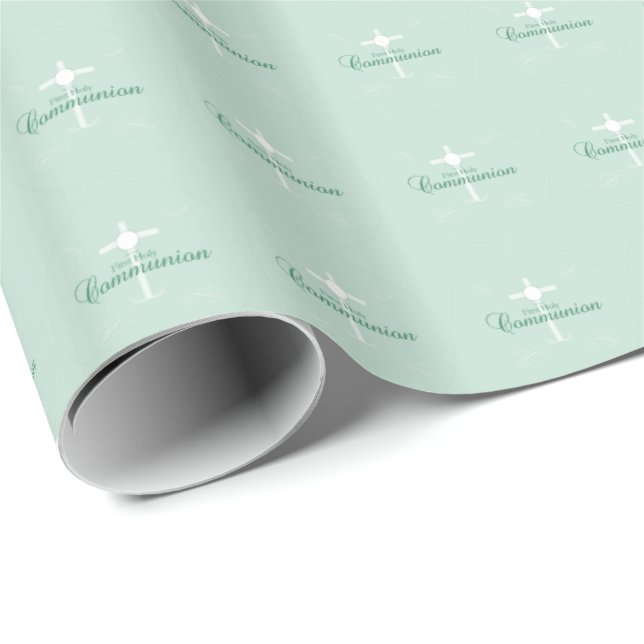 First Holy Communion, Script in Soft Green Wrapping Paper (Roll Corner)