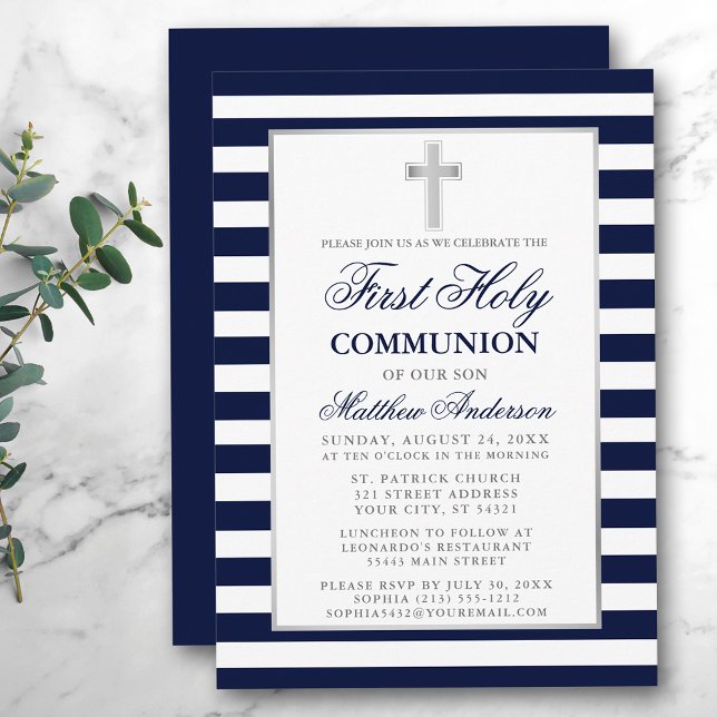First Holy Communion Silver Blue Striped Invitation (Customize to change text size, color or text style.)
