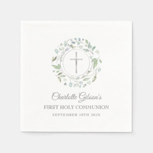 First Holy Communion Silver Cross Greenery Napkin