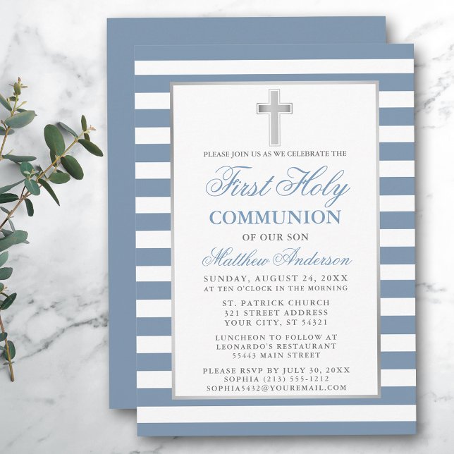 First Holy Communion Silver Dusty Blue Striped Invitation (Customize to change text size, color or text style.)