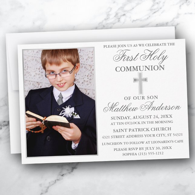 First Holy Communion Silver Frame Photo Invitation (Customize to change text size, color, style or to add more text to back of card.)