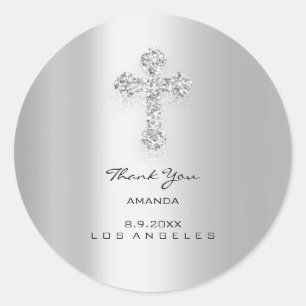 First Holy Communion Silver Grey Christian Cross  Classic Round Sticker