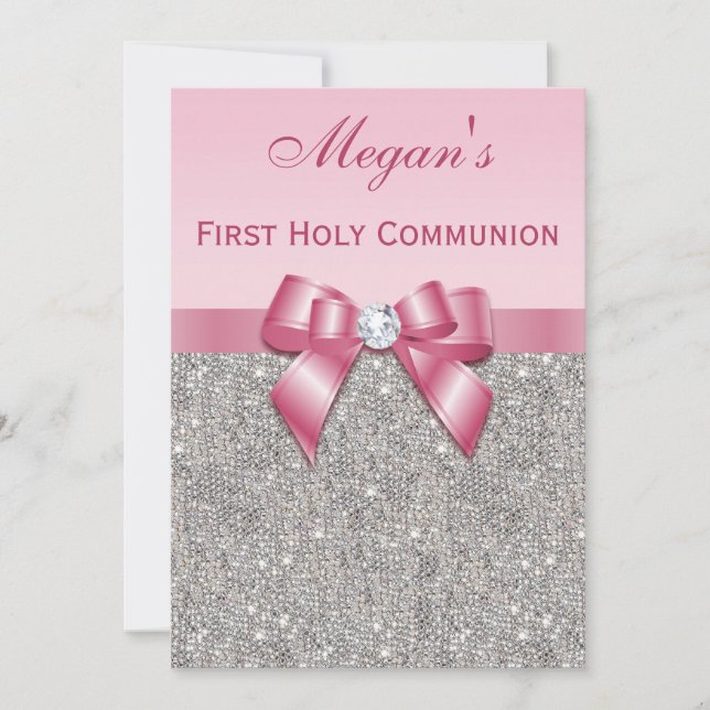First Holy Communion Silver Jewels, Bow & Diamond Invitation (Front)