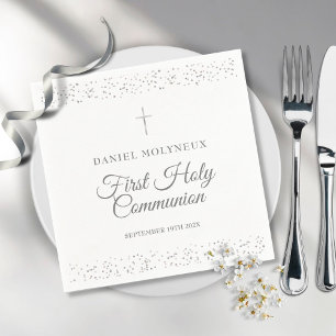 First Holy Communion Silver Stardust Cross Napkin