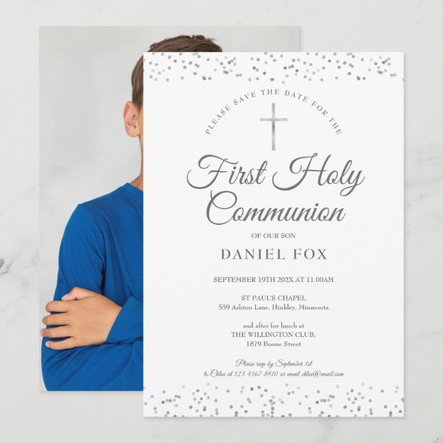 First Holy Communion Silver Stardust Photo Save The Date (Front/Back)