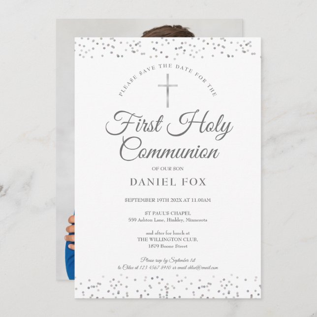 First Holy Communion Silver Stardust Photo Save The Date (Front/Back)