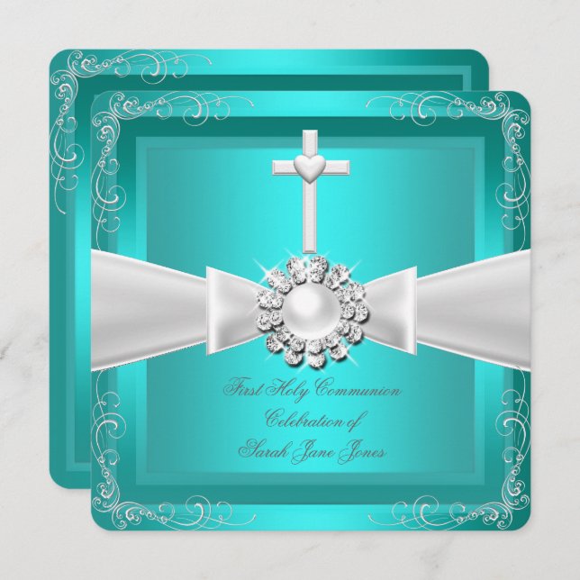 First Holy Communion Teal White Silver Girl Boy Invitation (Front/Back)