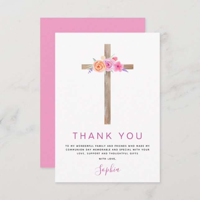 First Holy Communion Thank You Floral Pink Rose (Front/Back)