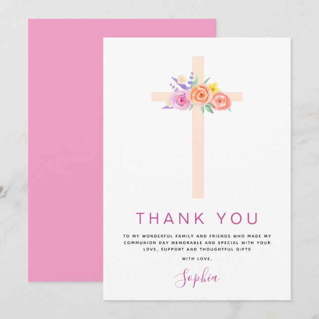 First Holy Communion Thank You Floral Pink Rose (Front/Back)