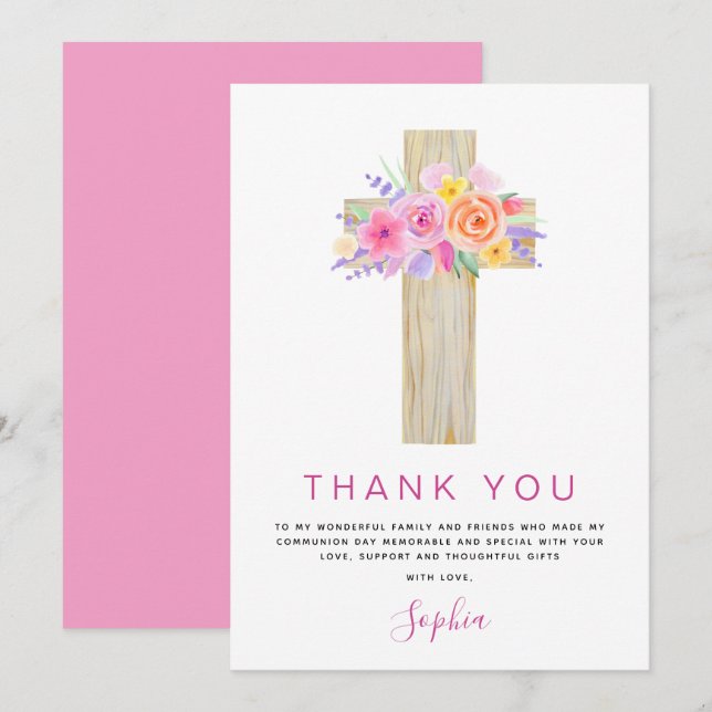 First Holy Communion Thank You Floral Pink Rose (Front/Back)