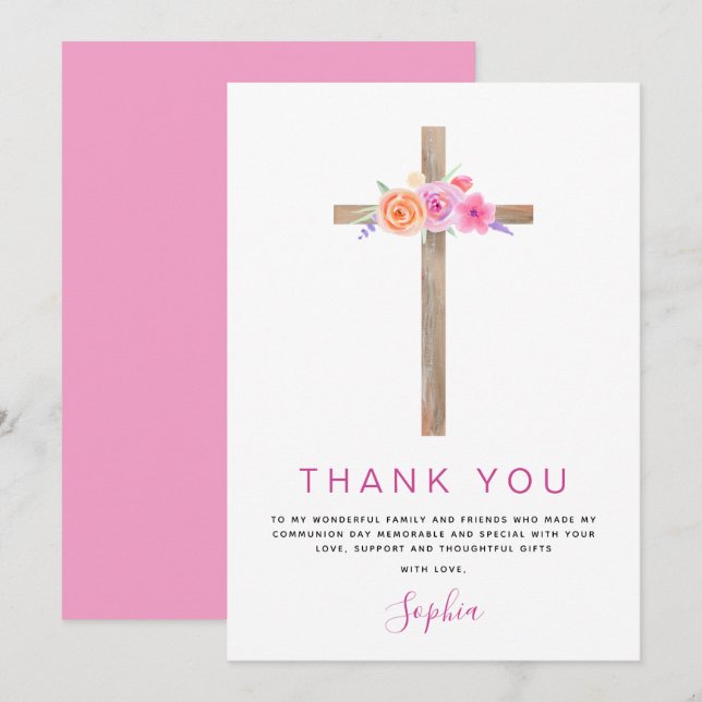 First Holy Communion Thank You Floral Pink Rose (Front/Back)