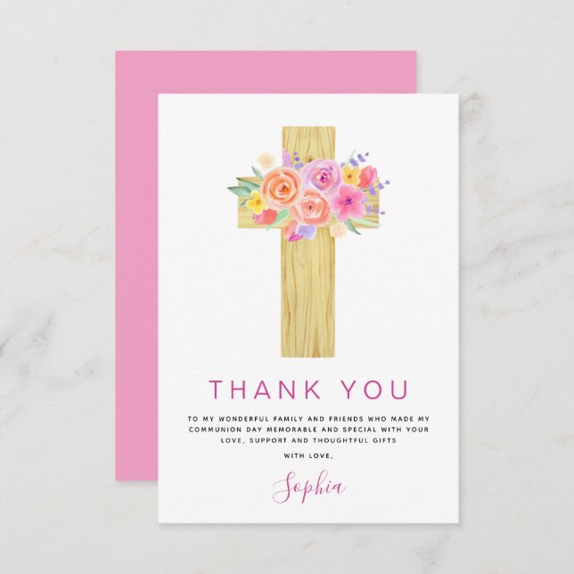 First Holy Communion Thank You Floral Pink Rose (Front/Back)