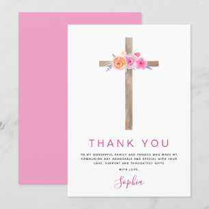 First Holy Communion Thank You Floral Pink Rose Card