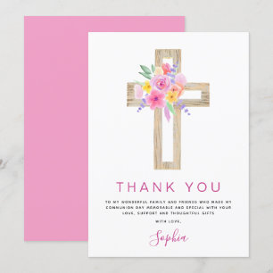 First Holy Communion Thank You Floral Pink Rose Card