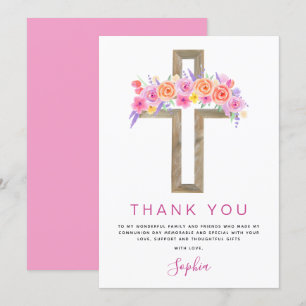 First Holy Communion Thank You Floral Pink Rose Card