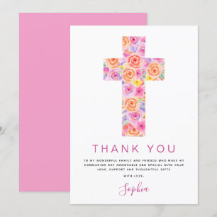First Holy Communion Thank You Floral Pink Rose Invitation