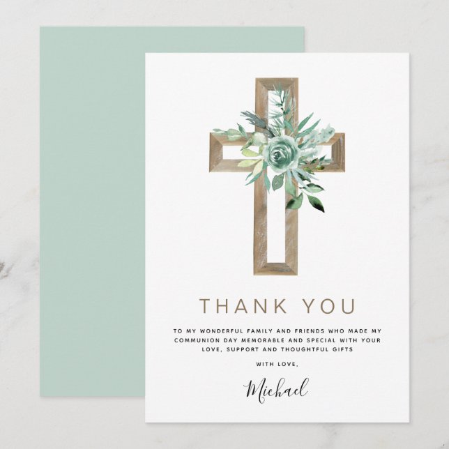 First Holy Communion Thank You Greenery Sage Invit Card (Front/Back)