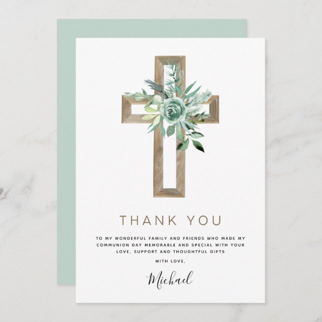 First Holy Communion Thank You Greenery Sage Invitation (Front/Back)