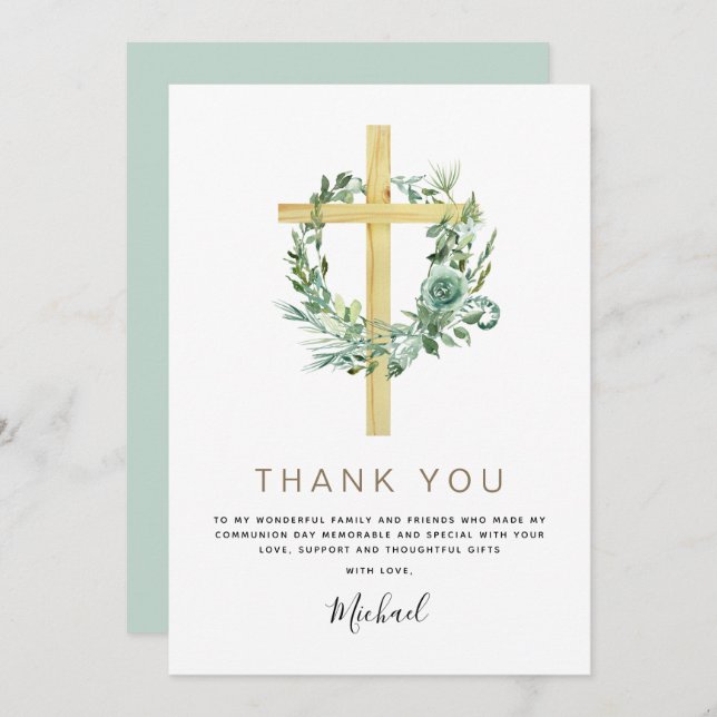 First Holy Communion Thank You Greenery Sage  Invitation (Front/Back)