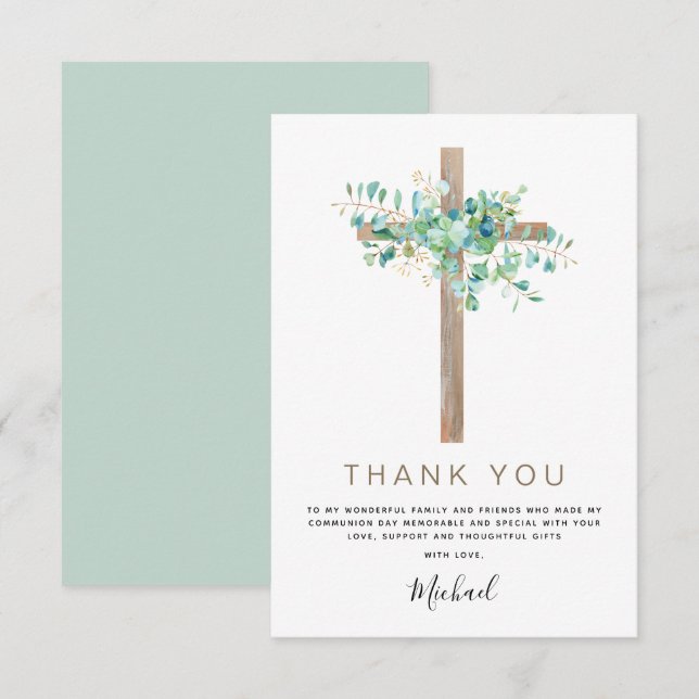 First Holy Communion Thank You Sage Eucalyptus Card (Front/Back)