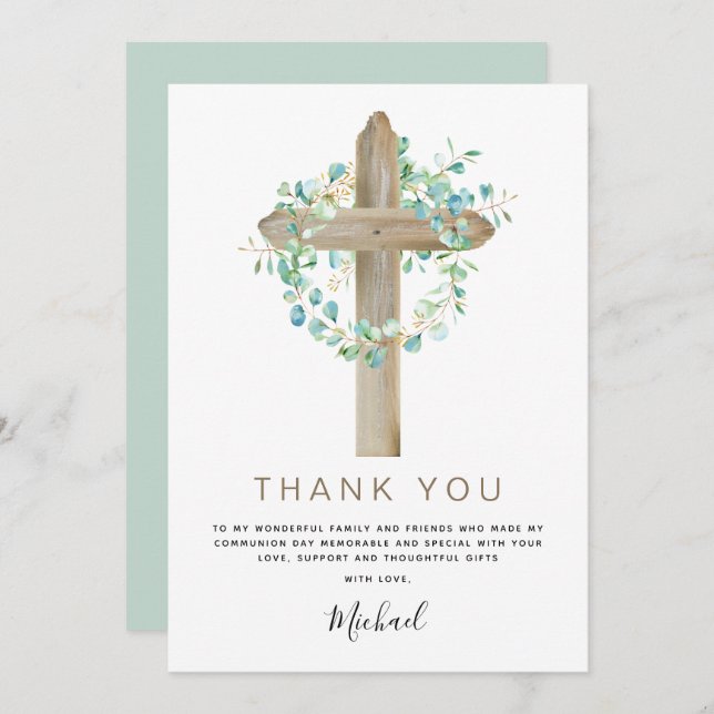 First Holy Communion Thank You Sage Eucalyptus Inv Invitation (Front/Back)
