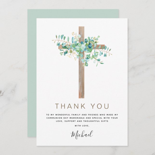 First Holy Communion Thank You Sage Eucalyptus Inv Invitation (Front/Back)