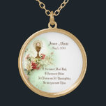 First Holy Communion Traditional Catholic Floral Gold Plated Necklace<br><div class="desc">This is a beautiful traditional Catholic vintage image of the Sacred Host (Communion) above the chalice with spring flowers. Text and fonts may be modified. We also offer matching Communion invitations, cards, favours, stickers, etc., with this design. Visit the Shower of Roses Shoppe on Zazzle and browse our large First...</div>
