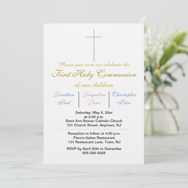 First Holy Communion Triplets Gold Blue Pink Invitation (Standing Front)
