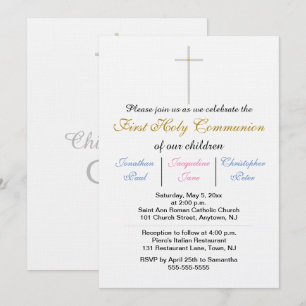 First Holy Communion Triplets Pink Blue Gold Invitation