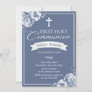 First Holy Communion Vintage Blue Floral Invitation