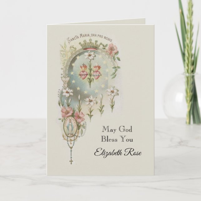 First Holy Communion Virgin Mary Flowers Holiday Card (Front)