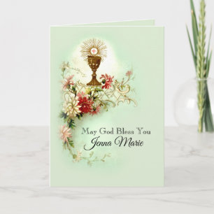 First Holy Communion Virgin Mary Flowers Vintage Holiday Card