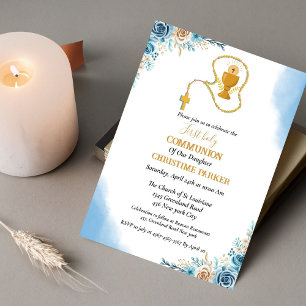 First holy communion watercolor blue floral invitation