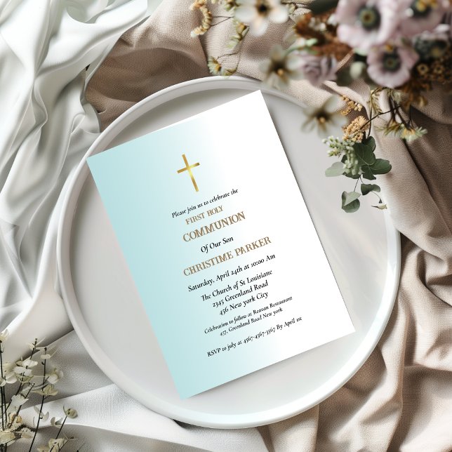 First holy communion watercolor blue splash invitation (Creator Uploaded)